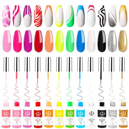 Nail Art Polish Set Gel Liner Nail Art Kit For Nail Design Polish Gel Art Paint For Nail 12 Colors Black White Gel Nail Polish Soak off Curing Requires 8ml with Thin Nail Art Brush (C4)