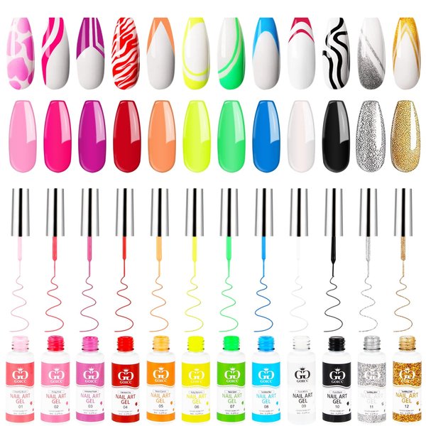 Nail Art Polish Set Gel Liner Nail Art Kit For Nail Design Polish Gel Art Paint For Nail 12 Colors Black White Gel Nail Polish Soak off Curing Requires 8ml with Thin Nail Art Brush (C4)