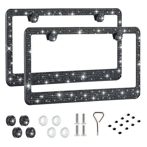 FIISFIIS Bling License Plate Frame for Women,2 Pack Premium Stainless Steel Rhinestone License Plate Holder,Handmade Glitter Crystal Diamond Girl Lincense Plate Tag Cover,Bedazzled Sparkly-Black