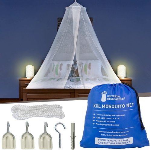 Universal Backpackers Mosquito Net for Single to King-Sized Beds – 2 Openings or Fully-Enclosed Bed Canopy – Conical Design for Decoration or Travel – Free Bag & Hanging Kit for Easy Setup