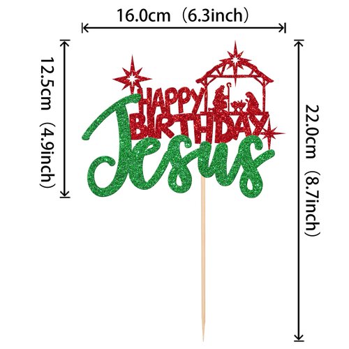 1 PCS Happy Birthday Jesus Cake Topper Glitter Merry Christmas Nativity Jesus Birthday Cake Pick for Nativity Scene Theme Christmas Jesus Birthday Party Cake Decorations Supplies Green Red