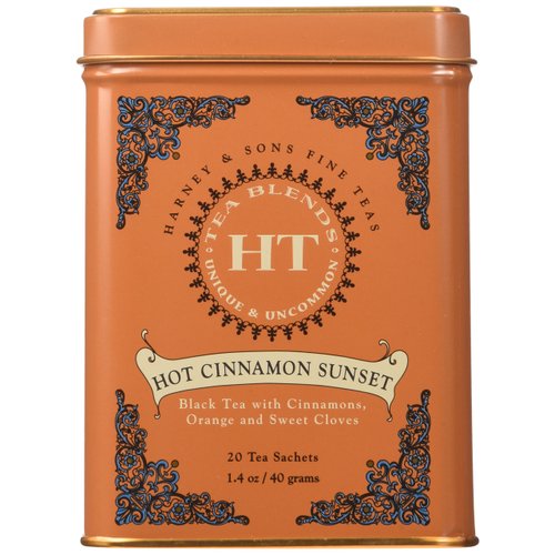 Harney & Sons Caffeinated Hot Cinnamon Sunset Black Tea with Orange and Cloves Tin, 20 Count, Pack of 3