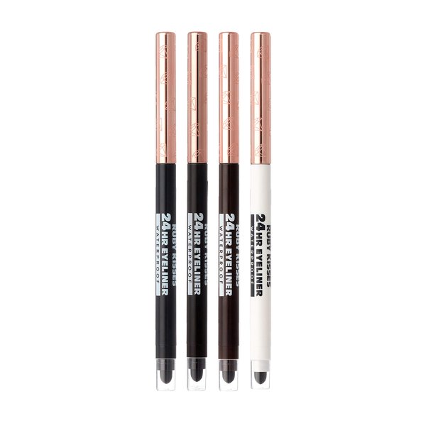 Ruby Kisses Waterproof Eyeliner, 24HR Waterproof Long-Lasting Mechanical Eyeliner Pencil with Built-in Sharpener, Smudgeproof 4 Pack (Blackest Black, Black Brown, Dark Brown, Pure White)