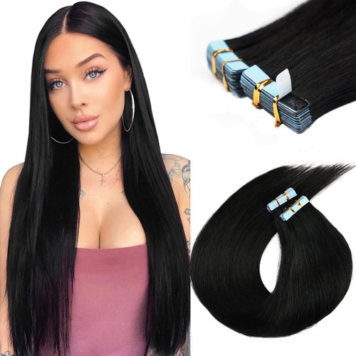 22 inch Tape in Hair Extensions Human Hair Invisible Straight Tape Hair Extensions for Women 20 Pcs/50g Seamless Skin Weft Real Hair Extensions Tape ins Human Hair #1 Jet Black