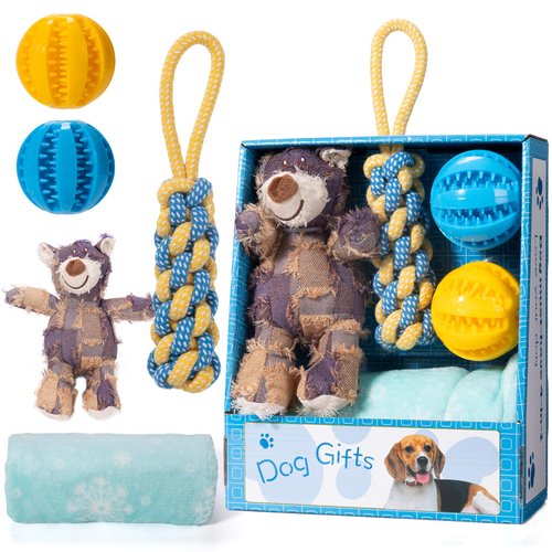 URANZL Dog Toys Set with Cute Bear Plush Toys Soft Squeaker, 2 Ball Toys of 2.75 inch, Cotton Teeth Cleaning Rope Toys and Premium Soft Dog Blanket Washable.Dog Gifts for Puppies and Senior Pups Blue