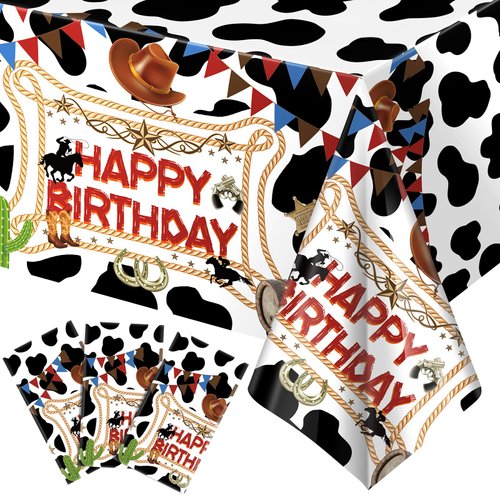 3 Pieces Western Cowboy Birthday Tablecloth Decorations 54 x 108 Inch Rectangle Table Runner Happy Birthday Plastic Table Cover Farm Cow Printed Table Cloths for Western Cowboy Themed Party Supplies