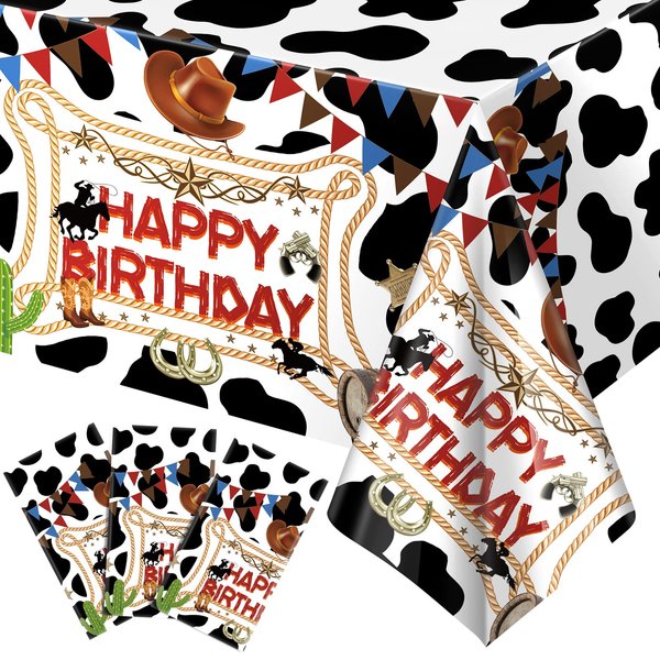 3 Pieces Western Cowboy Birthday Tablecloth Decorations 54 x 108 Inch Rectangle Table Runner Happy Birthday Plastic Table Cover Farm Cow Printed Table Cloths for Western Cowboy Themed Party Supplies
