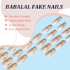 BABALAL Coffin Press on Nails Long French Tip Fake Nails Nude Glossy Glue on Nails 24Pcs Ballerina Golden Acrylic Nails with Design Stick on Nails