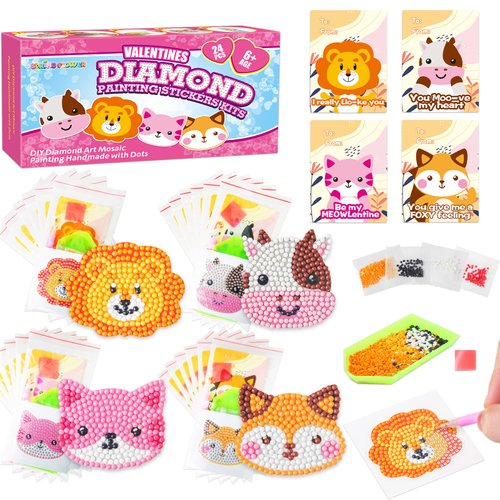 24 Pack Kid's Valentine's Day Cards with 5D Diamond Sticker Kits For Kids, Painting Craft Gift for Girls and Boys School Valentine Exchange Gift, Valentine's Party Favors Supplies & Art Activity