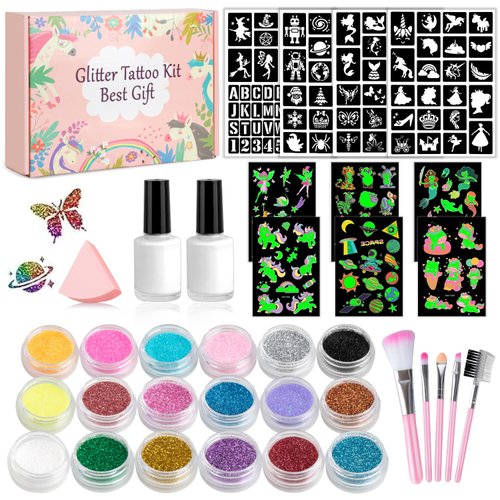 Temporary Glitter Tattoos Kit for Kids,18 Glitter Colors,115 Stencils,6 Luminous Tattoo Stickers, 2 Glue,5 Brushes,1 Powder Puff, Adults & Kids Arts Glitter Make Up Kit,Holiday Gifts for Girls & Boys.
