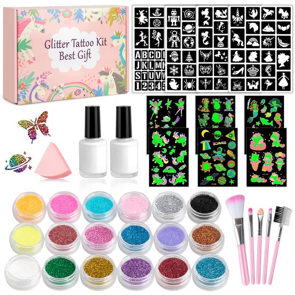 Temporary Glitter Tattoos Kit for Kids,18 Glitter Colors,115 Stencils,6 Luminous Tattoo Stickers, 2 Glue,5 Brushes,1 Powder Puff, Adults & Kids Arts Glitter Make Up Kit,Holiday Gifts for Girls & Boys.