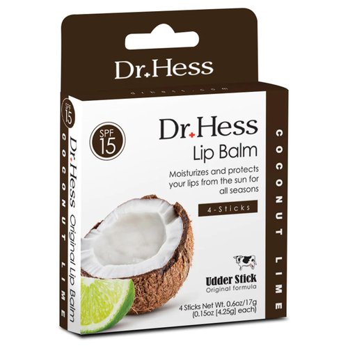 Dr. Hess Original Udder Stick SPF Lip Balm, Soothing Moisturizer Sun Screen Balm for Dry Lips with Jojoba, Beeswax & Shea Butter, Total Lip Care, Hydration & Repair, Coconut-Lime Flavor, 4 Pack