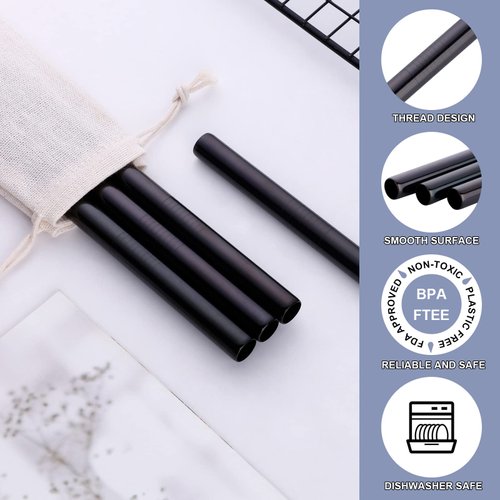 Reusable Boba Smoothie Straws, Metal Straws for Milkshakes, Bubble Tea, Jumbo Drinks, 8-Pack 0.5" Wide 18/10 Stainless Steel Straws & 1 Carrying Case, Black