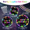 Glow Neon Party Supplies Kit for 24 Guests - 97 Pcs Including Plates, Forks, Napkins, Bunting - Ideal for Blacklight Neon-Themed Parties