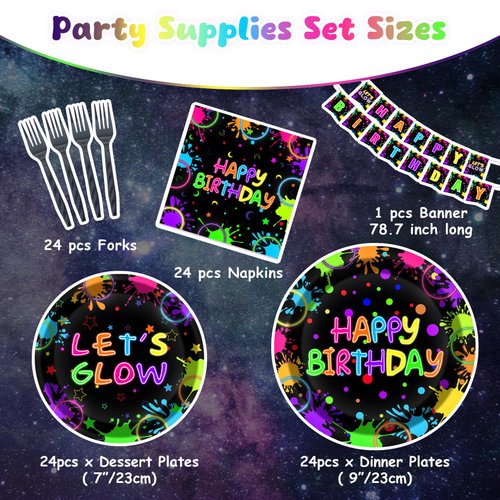 Glow Neon Party Supplies Kit for 24 Guests - 97 Pcs Including Plates, Forks, Napkins, Bunting - Ideal for Blacklight Neon-Themed Parties