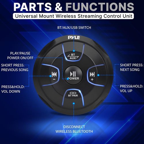 Pyle Amplified Wireless Bluetooth Audio Controller - 800 Watt Bluetooth Media Button, Waterproof Marine Receiver Remote Control w/ AUX, Mount for Car Truck Boat Marine PowerSport Vehicles - PLMRBT19