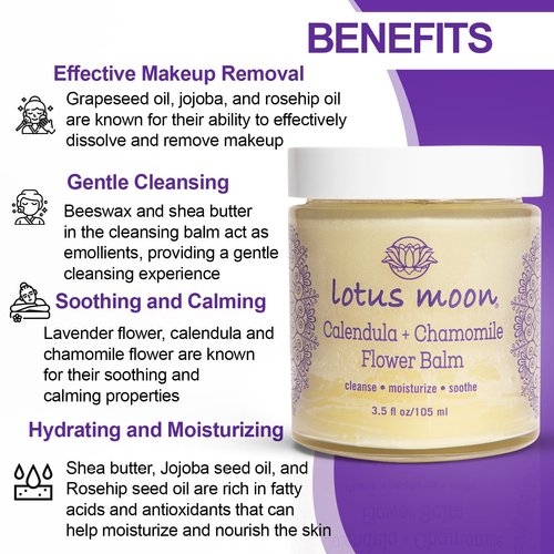 Lotus Moon® - Calendula + Chamomile Flower Balm | Facial Cleansing Balm, Oil-Based Makeup Remover, Plant-Based, Clean, Cruelty-Free, Functional Skincare (3.5 fl oz | 105 ml)