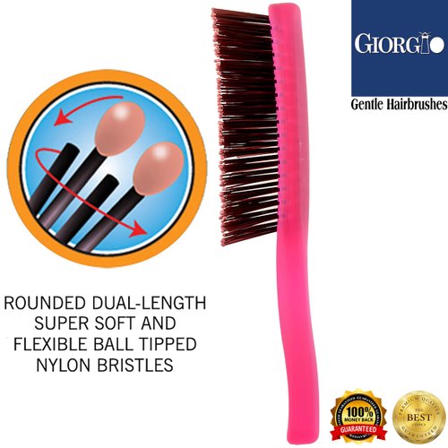 Giorgio GION2R Neon Red 6.25 inch Gentle Touch Detangler Hair Brush for Men Women & Kids. Soft Bristles for Sensitive Scalp. Wet and Dry for all Hair Types. Scalp Massager Brush Stimulate Hair Growth