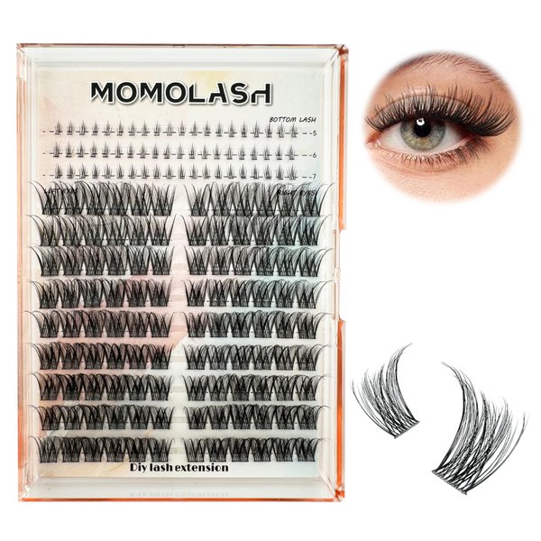 MOMOLASH Fluffy Lash Clusters Wispy 168pcs Volume Natural Soft Cluster Eyelash Extensions with Bottom Lashes D Curl Individual Matte Black Lashes 12-18mm with 5-7mm Bottom Eyelash Clusters DIY at Home