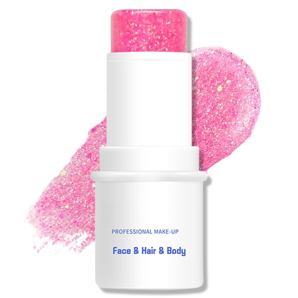 Jutqut Body Glitter Stick, Chunky Glitter Gel for Face Body Hair, Face Glitter Gel Makeup, Sparkling Holographic Mermaid Sequins Paint, Waterproof Multiuse Makeup Glitter Face Paint, 02#Pink