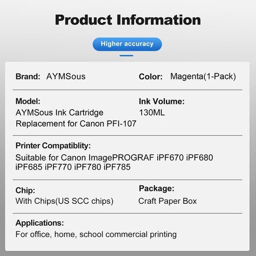 AYMSous Compatible Ink Cartridge Replacement for Canon PFI-107 PFI107 PFI-107M PFI107M 130ML for Canon imagePROGRAF iPF670 iPF680 iPF685 iPF770 iPF780 iPF785 (Magenta Dye Ink)