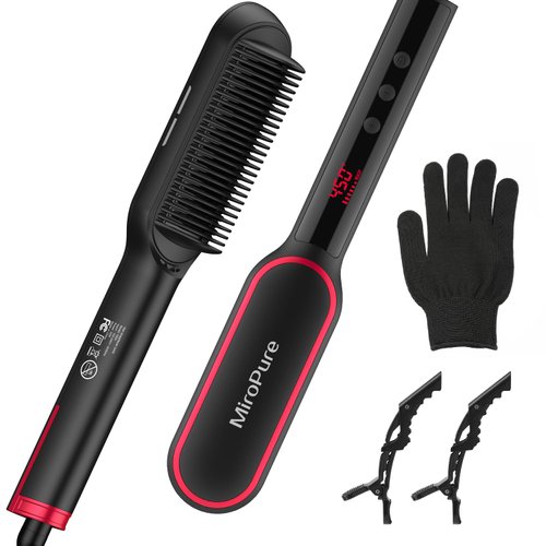 MiroPure Hair Straightener Brush with 13 Temp Settings, Ring Straightening Comb, 30s Fast Heating, 50 Million Level Anion, Negative Ions, LED Display, Dual Voltage for Women