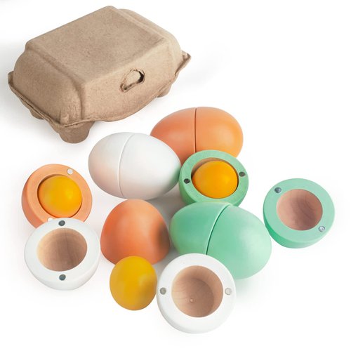 WHOHOLL Wooden Play Eggs Toy, Play Food Sets for Kids Kitchen, Durable Wood Eggs with Magnetic Separable Yolk, Pretend Play Kitchen Toy Food for Toddlers Boys Girls