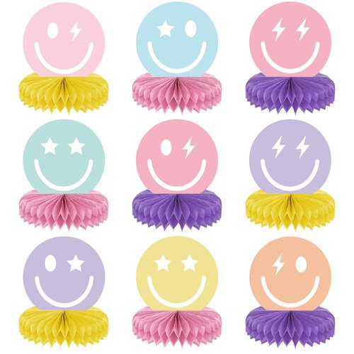 9PCS Smile Face Honeycomb Centerpieces Preppy Smile Face Party Decorations Happy Pastel Birthday ...