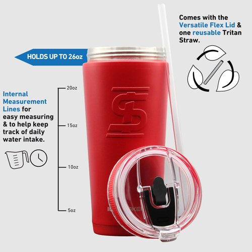 Ice Shaker 26oz Insulated Tumbler Water Bottle with Straw, Stainless Steel Water Bottle with Versatile Flex Lid, As Seen on Shark Tank, Red