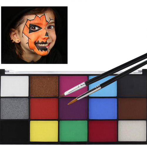 15 Color Face Paint Kit, Professional Face Painting Kit SFX Makeup Palette, Water Activated Body Paint for Cosplay Halloween Party for Kids and Adults Safe Non Toxic with 2 Pcs Brush Matte