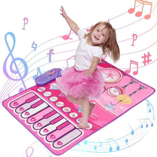 Fijinhom 2-in-1 Dance Mat Toys for Toddlers, Electronic Dance Pad for Kids, Piano Mat & Drum Mat with 2 Stick, Learning Dance Pad for Baby, Musical Mat First Birthday Gifts for Girls Boys, Pink