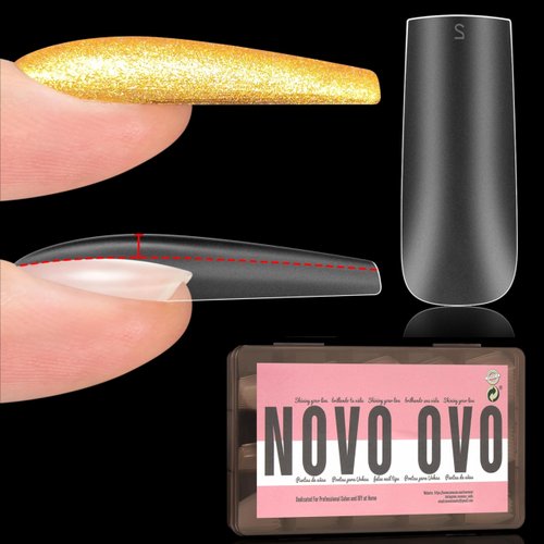 NOVO OVO Pre-designed Apex Square Nail Tips, Clear Full Cover Acrylic Viral Press on, Pre-applied Tip Primer & Base Coat, Extra Thick Instant Apex double matte Fake Nail Extensions x 15 sizes150 pcs