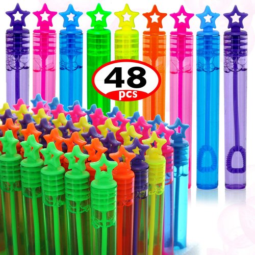 GIFTEXPRESS Bubble Wands Party Favors - 48 Pack Mini 4.25&quot; Tall Assorted Color Star Bubble Sticks...
