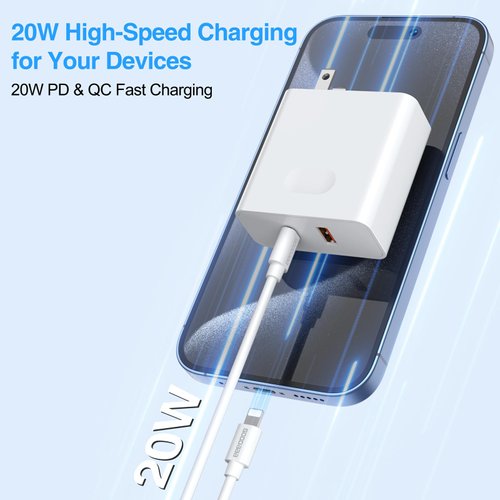 GOODaaa PD 20W Wall Charger with Cable Dual Ports Fast Charing Power Adapter for All iPhone Series and Android Devices