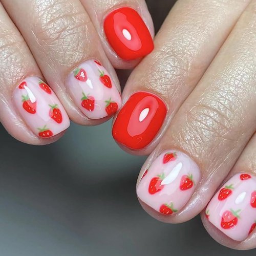 Strawberry on Nails Short Square Press on Nails Cute Pink Fake Nails Red Design Glue on Nails Acr...