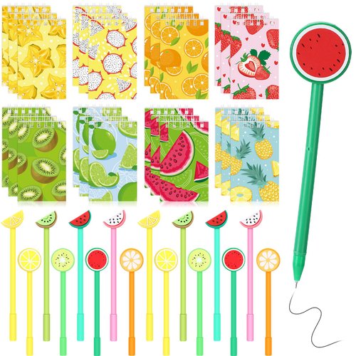 Yeaqee 48 Pieces Summer Fruit Themed Party Favors Fruit Mini Notebooks Black Gel Ink Fruit Ballpoint Pen Piñata Fillers Gift for Kids Teacher Classroom Rewards Fruit Party Supply