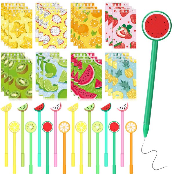 Yeaqee 48 Pieces Summer Fruit Themed Party Favors Fruit Mini Notebooks Black Gel Ink Fruit Ballpoint Pen Piñata Fillers Gift for Kids Teacher Classroom Rewards Fruit Party Supply