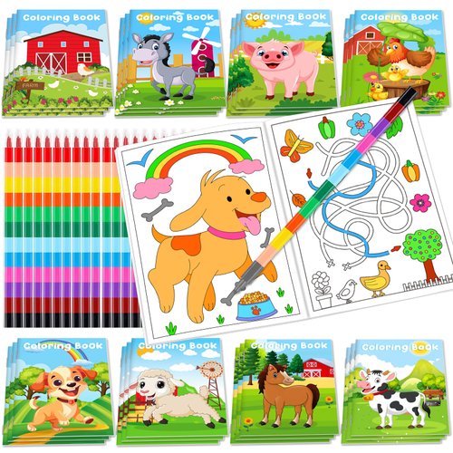 Lionoble 24Pcs Farm Coloring Books for Kids with 24 Stacking Crayons Mini Coloring Book Party Favors Bulk Gifts Cows Horses Barns Small Activity Books for Birthday Party Goodie Bags Stuffer Classroom