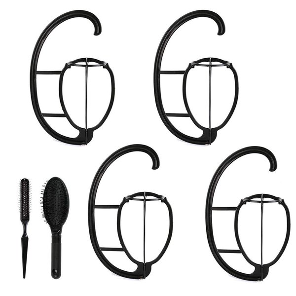 Smilco Wig Hanger with Wig Brush Combo,4 Pack Portable Hanging Wig Stand for All Wigs and Hats Holder,Collapsible Wig Dryer,Wig comb set for synthetic wigs(Black)