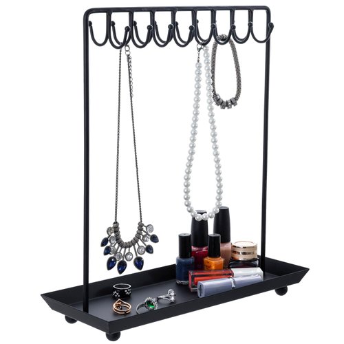 MyGift Black Metal Jewelry Organizer Stand for Necklaces with 20 Hooks and Ring Tray