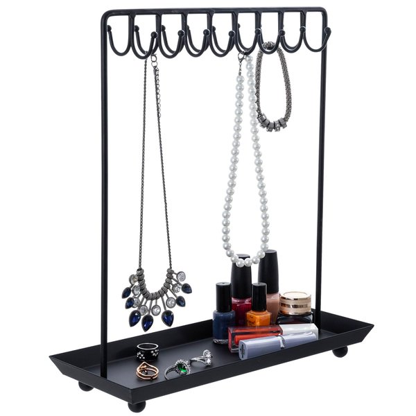 MyGift Black Metal Jewelry Organizer Stand for Necklaces with 20 Hooks and Ring Tray