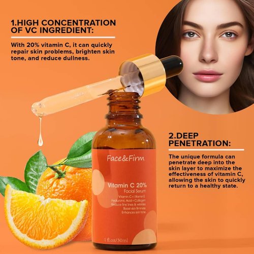 Generic Face&Firm 20% Vitamin C Face Serum With Vitamin E, Ferulic Acid And Hyaluronic Acid-Anti-Aging, Maximum Potency And Boost Skin Collagen Face Serum 1fl.oz/30ml