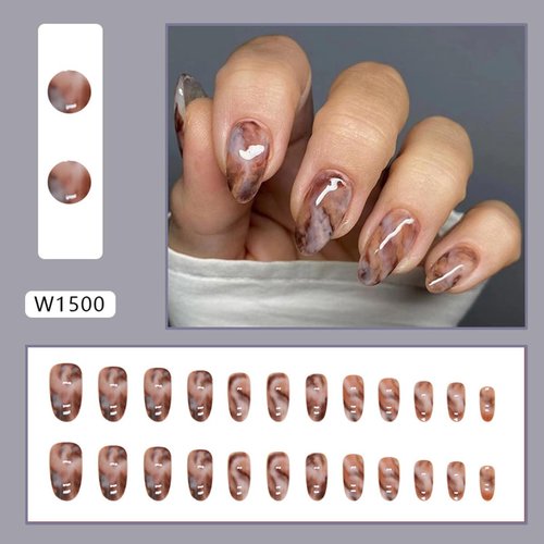 LRKNNO Almond Press on Nails Medium Length Oval Fake Nails Brown Marble Designs Glossy Acrylic Glue on Nails Cute Almond Shaped False Nails Artificial Nails for Women Girls DIY Manicure Decoration