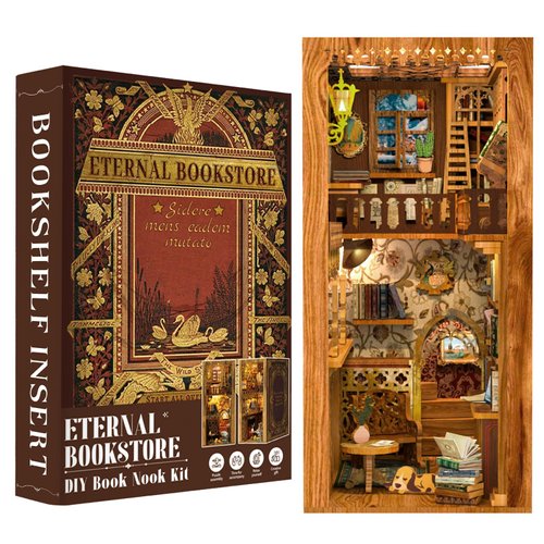 Fsolis Book Nook Kit, DIY Miniature House Room Kit for Adults Wooden Puzzle Bookshelf Decorations Bookshelf Nook Decor Gifts for Women and Craft Lovers(Eternal Bookstore)