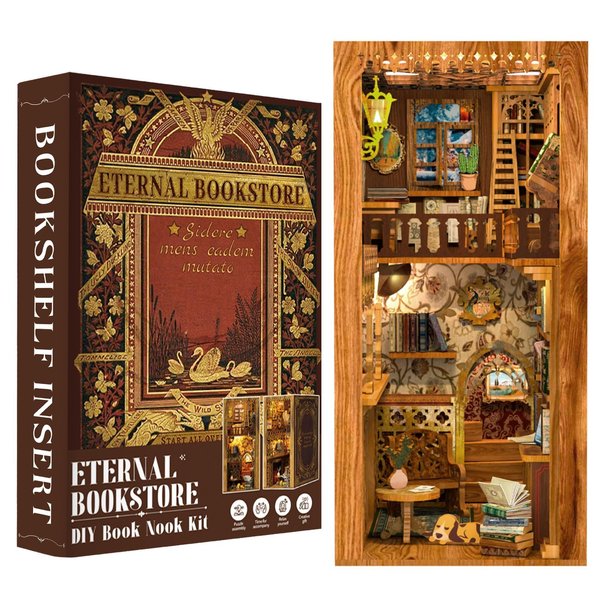 Fsolis Book Nook Kit, DIY Miniature House Room Kit for Adults Wooden Puzzle Bookshelf Decorations Bookshelf Nook Decor Gifts for Women and Craft Lovers(Eternal Bookstore)