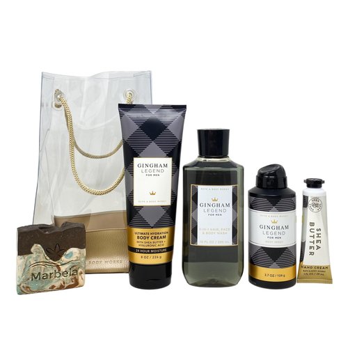 Bath & Body Works Men's Collection Gingham Legend 4 Piece Value Gift Bag Set with a Cabin Spice Bar Soap - Full Size