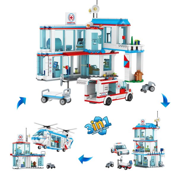 City Hospital STEM 3 in1 Building Sets, Compatible with Lego Ambulance Tor Truck, Rescue Helicopter, Connect to Other City Sets, 687 PCS Best Gift for 6 7 8 9 10 Boys