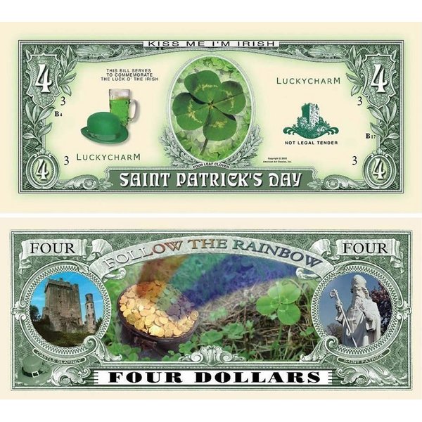 5 Saint Patrick Four Dollar Bill with Bonus “Thanks a Million” Gift Card Set