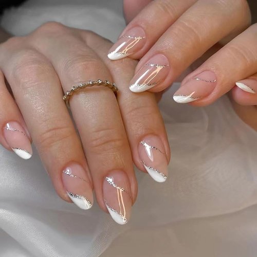 ANDGING French Tip Press on Nails Almond Short White Fake Nails with Silver Curved Line Design Gel Glue on Nails for Women Acrylic False Nails with Glue Full Cover Stick on Nails for Wedding Birthday
