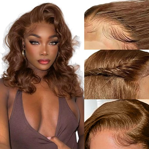 13x4 HD Body Wave Lace Front Wigs Human Hair Glueless Bob Wigs Human Hair Pre Plucked 180 density Short Bob Wigs for Black Women Frontal Wig Human Hair Chocolate Brown (14 inch, Bob Wig Human Hair)